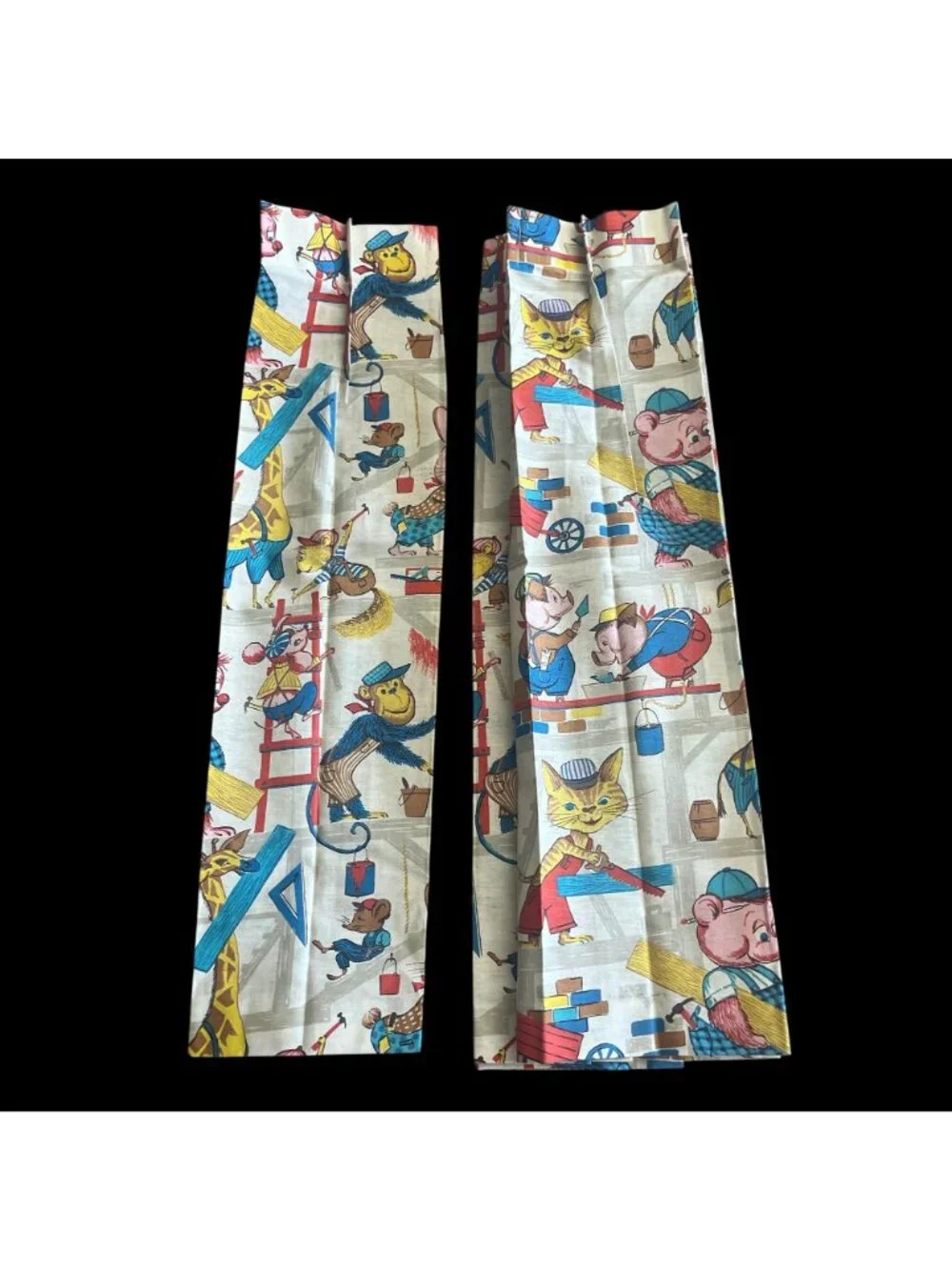 Pair of Vintage Kid's Short Curtains Cartoon Construction Animals Linen